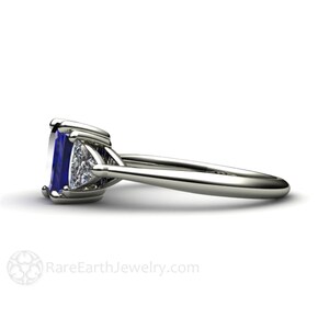 Blue Sapphire Engagement Ring Vintage Blue Sapphire Ring Three Stone 3 Stone Sapphire Ring with Trillions Solid Gold or Platinum Affordable image 3