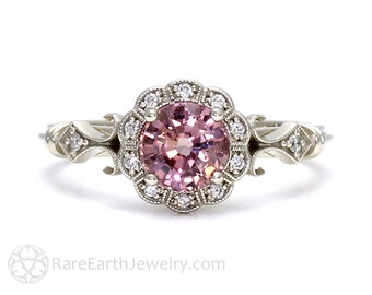 Art Deco Ring Pink Spinel Ring Vintage Engagement Ring Milgrain Diamond Halo Ring in 14K or 18K Gold Pink Gemstone Ring