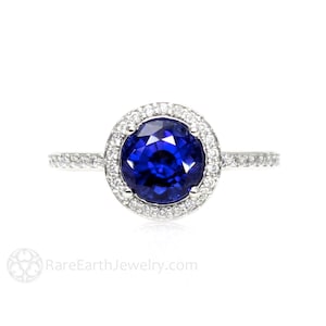 Blue Sapphire Engagement Ring Diamond Halo Round Blue Sapphire Ring Lab Created Sapphire Ring September Birthstone Blue Stone Gold Platinum