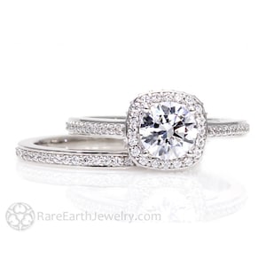 Moissanite Halo Wedding Set Engagement Ring Wedding Band Cathedral Diamond Halo  Diamond Alternative