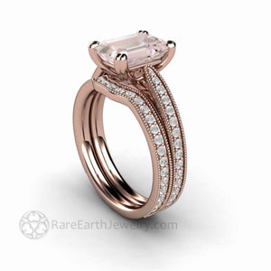 May include: A rose gold engagement ring set with a large, square-cut pink gemstone and a matching band with pave diamonds.