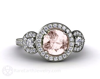 Morganite Engagement Ring 3 Stone Round Diamond Halo Morganite Ring 14K or 18K Gold Custom Engagement Ring