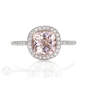 Cushion Morganite Engagement Ring Morganite Ring Natural Pink Morganite Diamond Halo Ring 14K or 18K Gold Platinum Pink Stone Wedding Ring