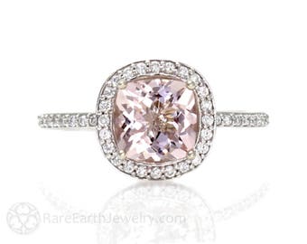Cushion Morganite Engagement Ring Morganite Ring Natural Pink Morganite Diamond Halo Ring 14K or 18K Gold Platinum Pink Stone Wedding Ring