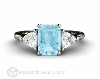 Natural Aquamarine Ring Three Stone Emerald Cut Aquamarine Engagement Ring Aqua 3 Stone Ring 14K 18K Gold Platinum Blue Stone Ring