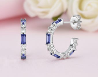 14K Gold Tanzanite Hoop Earrings with Diamonds | Natural December Birthstone Gemstone Hoops
