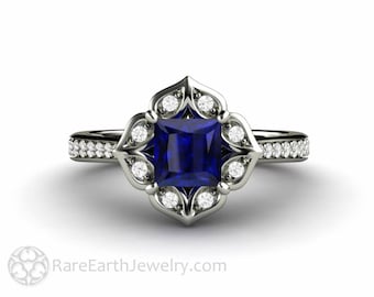Vintage Style Blue Sapphire Engagement Ring Unique Engagement Ring Blue Sapphire Ring Princess Cut Square with Diamonds Blue Stone Ring