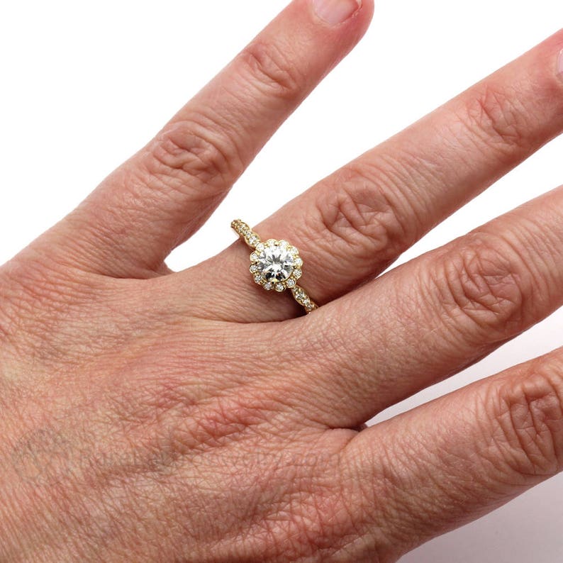 Vintage Style Moissanite Engagement Ring Round Diamond Halo Forever One Moissanite Ring with Scalloped Band Ethical Diamond Alternative image 2