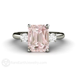 2ct Pink Morganite Ring Morganite Engagement Ring Emerald Cut 3 Stone with Diamonds 14K 18K Rose Gold Pink Gemstone Ring Wedding Ring