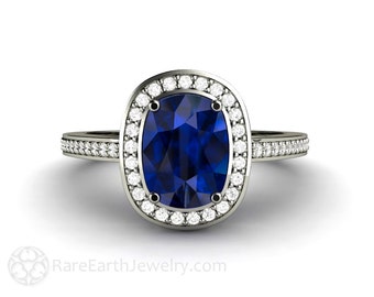 Blue Sapphire Cushion Cut Engagement Ring with Diamond Halo Blue Sapphire Halo Ring with Pave Diamond Cathedral Setting