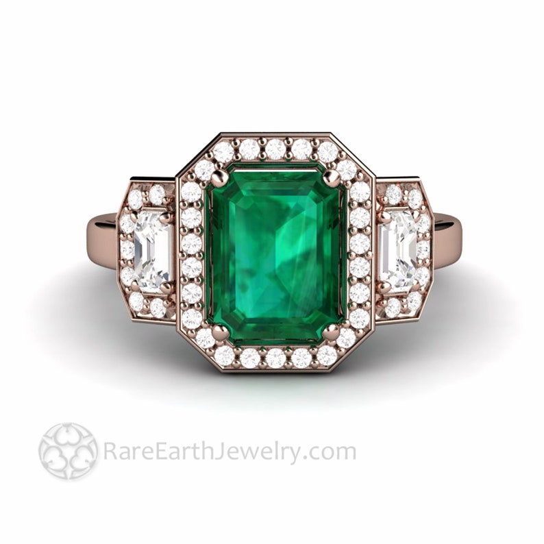 Large Three Stone Emerald Engagement Ring Emerald Cut Green Emerald Ring with Lab Created Diamonds 3 Stone Diamond Halo Gold Platinum image 10