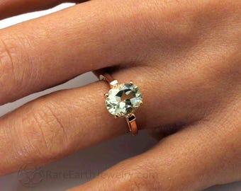 Oval Green Amethyst Ring | Light Green Gemstone Ring with Fleur de Lis Design