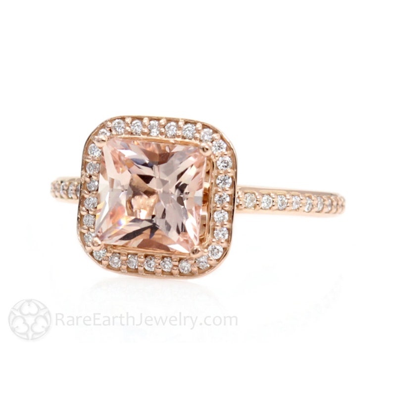 Morganite Engagement Ring Rose Gold Princess Cut with Diamonds Morganite Halo Ring Custom Wedding Ring image 2