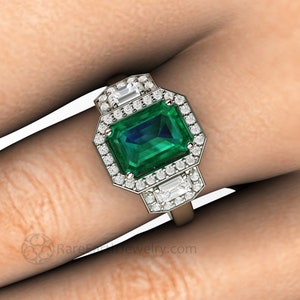 Large Three Stone Emerald Engagement Ring Emerald Cut Green Emerald Ring with Lab Created Diamonds 3 Stone Diamond Halo Gold Platinum image 4