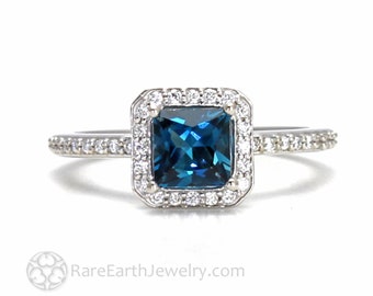 London Blue Topaz Ring Topaz Engagement Ring Princess Cut London Blue Topaz Diamond Halo Ring Blue Gemstone Ring