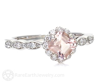 Morganite Ring Asscher Cut Morganite Engagement Ring Diamond Halo Unique Handmade Engagement Ring Pink Stone Ring