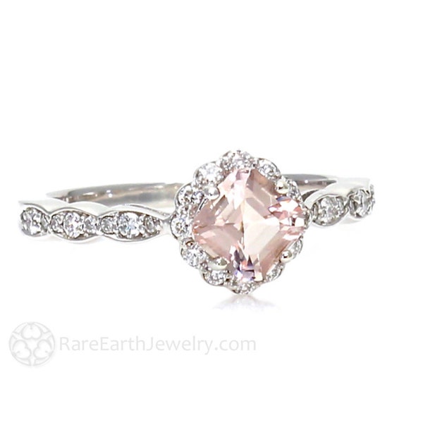 Morganite Ring Asscher Cut Morganite Engagement Ring Diamond Halo Unique Handmade Engagement Ring Pink Stone Ring
