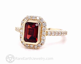 Red Garnet Ring Emerald Cut Bezel Set Engagement Ring with Pave Diamond Halo in Gold or Platinum January Birthstone Red Gemstone Ring