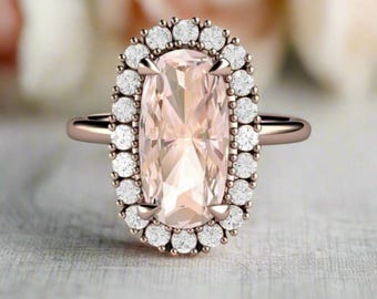 Morganite Elongated Cushion Engagement Ring, Diamond Halo, Vintage-Inspired Design