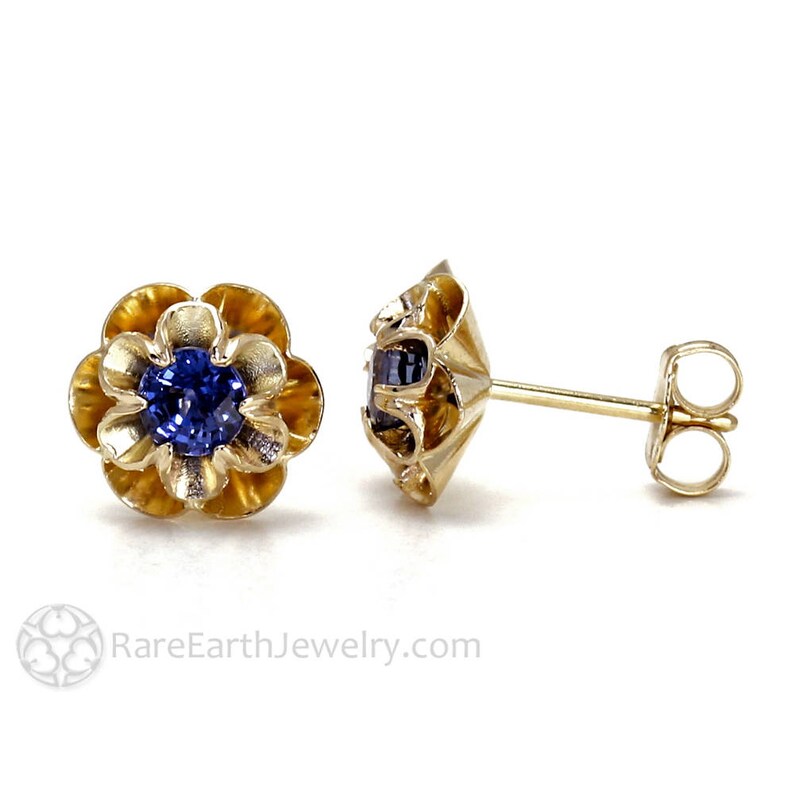 Blue Sapphire Earrings 14K Sapphire Stud Earrings Floral Etsy