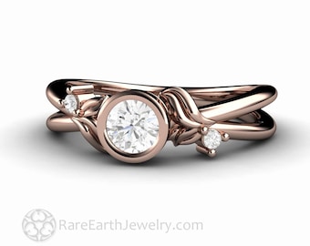 Diamond Engagement Ring Bezel Set Diamond Ring with Leaf Design Leaves and Flowers Round Bezel Setting Split Shank