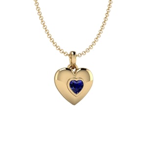 Puffy Sapphire Heart Necklace | 14K Gold Heart Shaped Sapphire Pendant on Adjustable Chain | September Birthstone