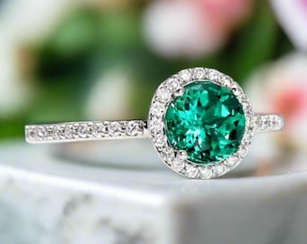 Round Emerald Engagement Ring with Diamond Halo | Lab Grown Emerald Ring | May Birthstone Ring in 14K 18K Gold or Platinum