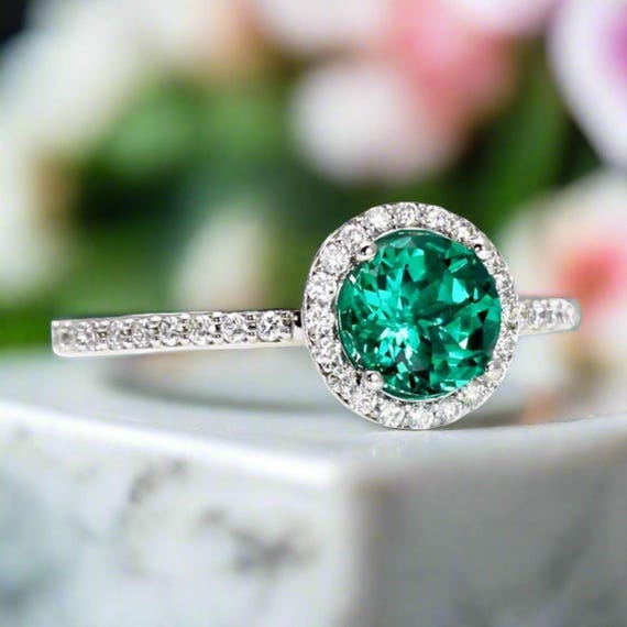 Round Emerald Engagement Ring with Diamond Halo | Lab Grown Emerald Ring | May Birthstone Ring in 14K 18K Gold or Platinum