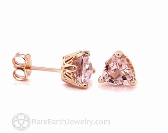 14K Rose Gold Morganite Earrings Trillion Cut Morganite Stud Earrings Post Earrings Pink Triangle Earrings Peach Gemstone Earrings