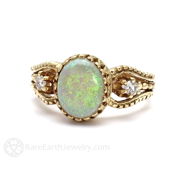 Australian Opal Ring with Diamonds Vintage Inspired Opal Ring Art Nouveau Antique Style Opal Ring in 14K or 18K Gold October Birthstone