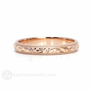 Engraved Wedding Band Vintage Inspired Wedding Ring 3mm Antique Style Band with Floral Flower Design 14K 18K White Yellow Rose Gold Platinum