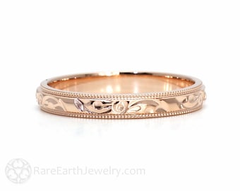 Engraved Wedding Band | Vintage Floral 3mm Wedding Ring | 14K 18K Gold or Platinum