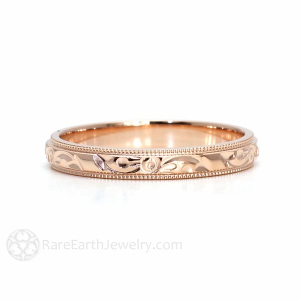Engraved Wedding Band | Vintage Floral 3mm Wedding Ring | 14K 18K Gold or Platinum