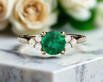 Round Emerald Engagement Ring | French Pave Diamond Cluster Setting with Woven Prongs