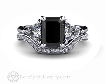 Black Diamond Engagement Ring Bridal Set Vintage Black Diamond Ring 3 Stone with Trillion Diamonds in Platinum or Gold