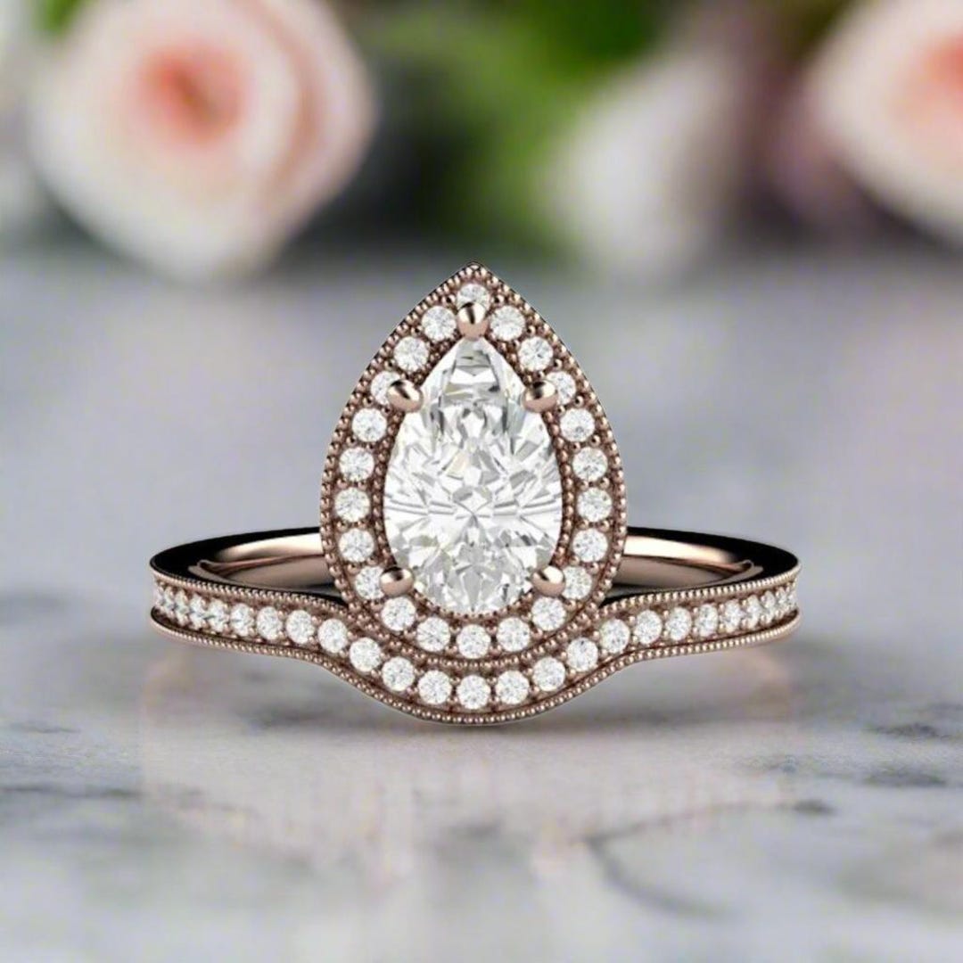 Engagement Rings Inverted Inverted Pear Halo Engagement Ring Setting, Vintage Milgrain, Custom ...