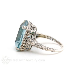 Emerald Cut Aquamarine Ring Antique Style Art Nouveau Ring Large Statement Ring Vintage Right Hand Ring with Filigree March Birthstone