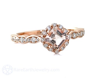 14K Rose Gold Asscher Morganite Engagement Ring Custom Bridal Jewelry Diamond Halo Pink Gemstone Ring