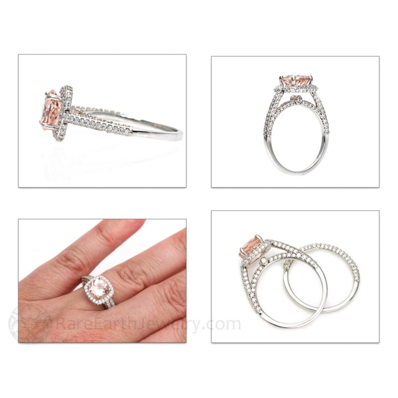 Morganite Engagement Ring Diamond Halo Wedding Set 2 Carat Morganite Halo Engagement Ring Bridal Set with Peach Pink Stone image 4