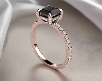 Black Diamond Engagement Ring Princess Cut Square Solitaire Hidden Diamonds, Diamonds on Prongs French Pave Diamond Accents Thin Band