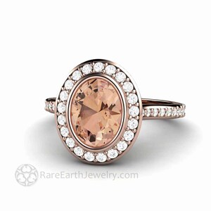 Oval Morganite Engagement Ring Bezel Set Morganite Ring Morganite Halo with Diamonds Halo Peach or Pink Gemstone Ring Gold or Platinum