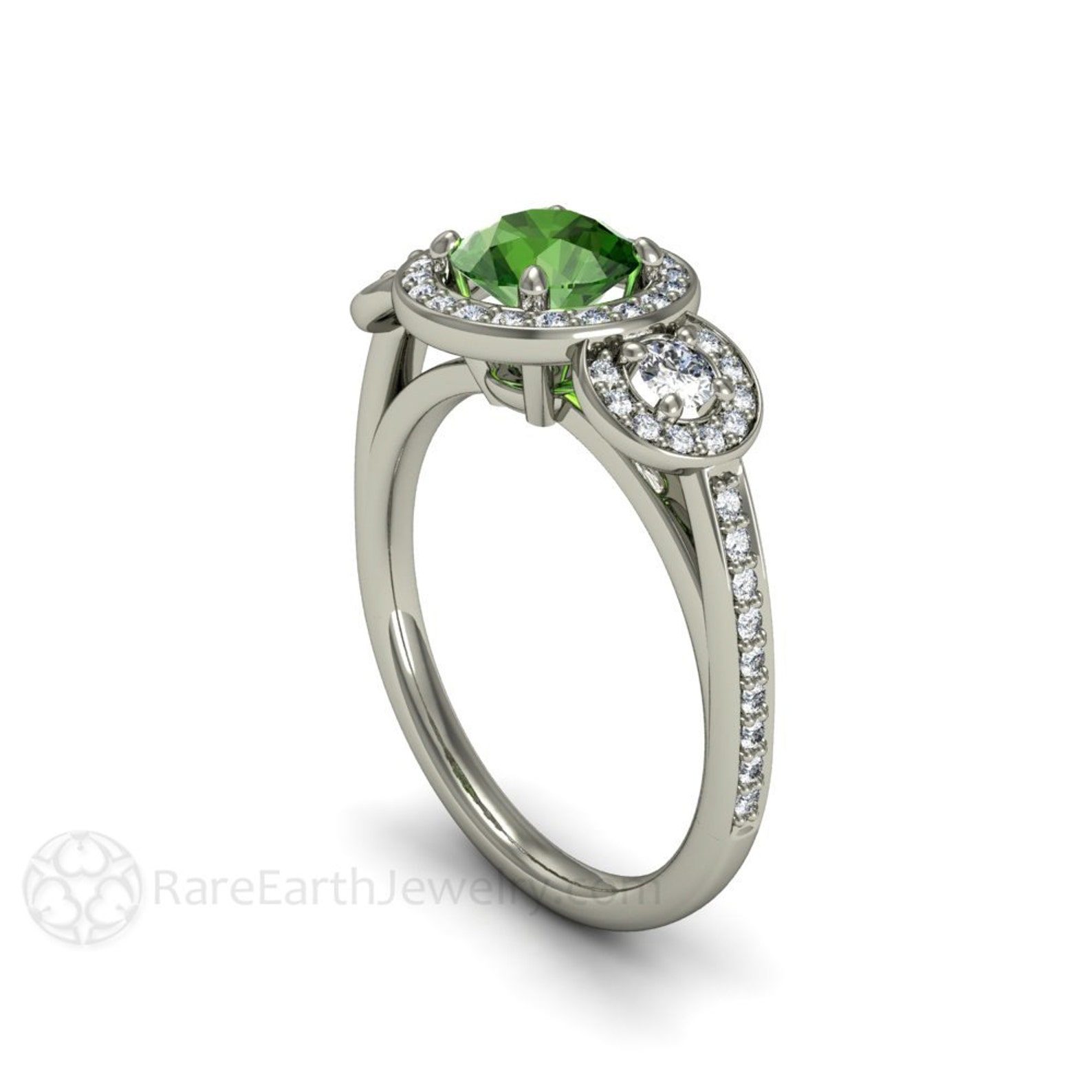 Green Sapphire Engagement Ring 3 Stone Round Green Sapphire Etsy