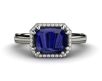 East West Sapphire Engagement Ring Emerald Cut Blue Sapphire Ring Diamond Halo in 14K Gold