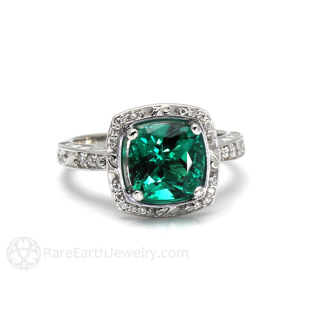 Art Deco Engagement Ring Emerald Ring Cushion Diamond Halo 14K - Etsy