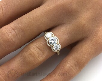 Moissanite Engagement Ring 3 Stone Diamond Halo Forever One 