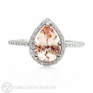 Pear Morganite Engagement Ring Diamond Halo Pear Morganite Ring 14K or 18K Gold Custom Bridal Jewelry image 1