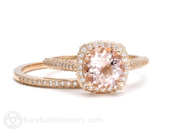 Morganite Halo Bridal Set with Pave Diamonds, 2 Carat Morganite and Diamond Ring Wedding Set in Gold or Platinum