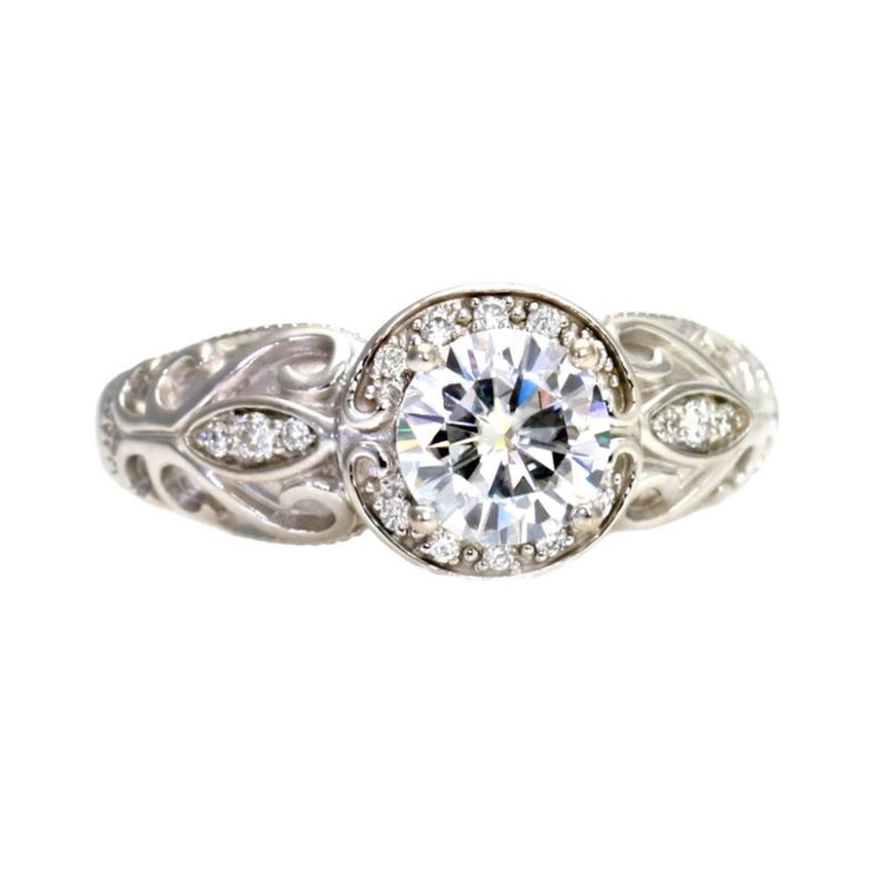 Rose Gold Moissanite Engagement Ring, Vintage Style Diamond Halo, Art Deco Moissanite Ring Lab Created Diamond Alternative 14K 18K Platinum image 8