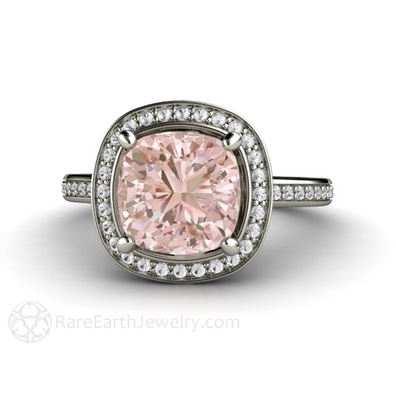 14K 2ct Cushion Morganite Engagement Ring Diamond Halo Fleur de Lis Morganite Ring Custom 14K White Yellow Rose Gold or Palladium