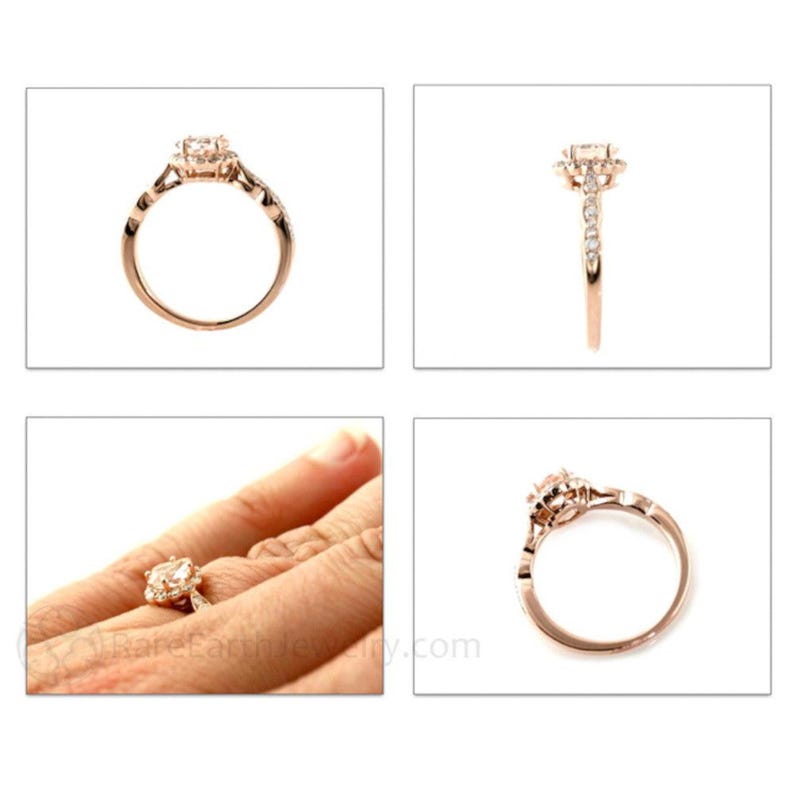 Asscher geslepen morganiet verlovingsring | Perzikroze vintage halo-ring | Diamanten geschulpte band van 14K of 18K goud of platina afbeelding 9